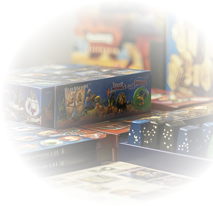 Een set bordspellen op de plank.